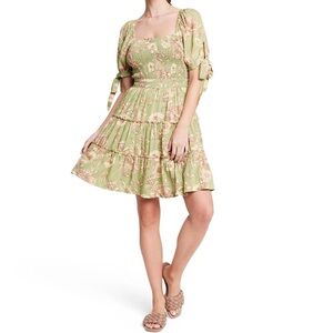 Agua Bendita x Target Smocked Green Floral Dress Size M Tie Sleeve Tiered Boho